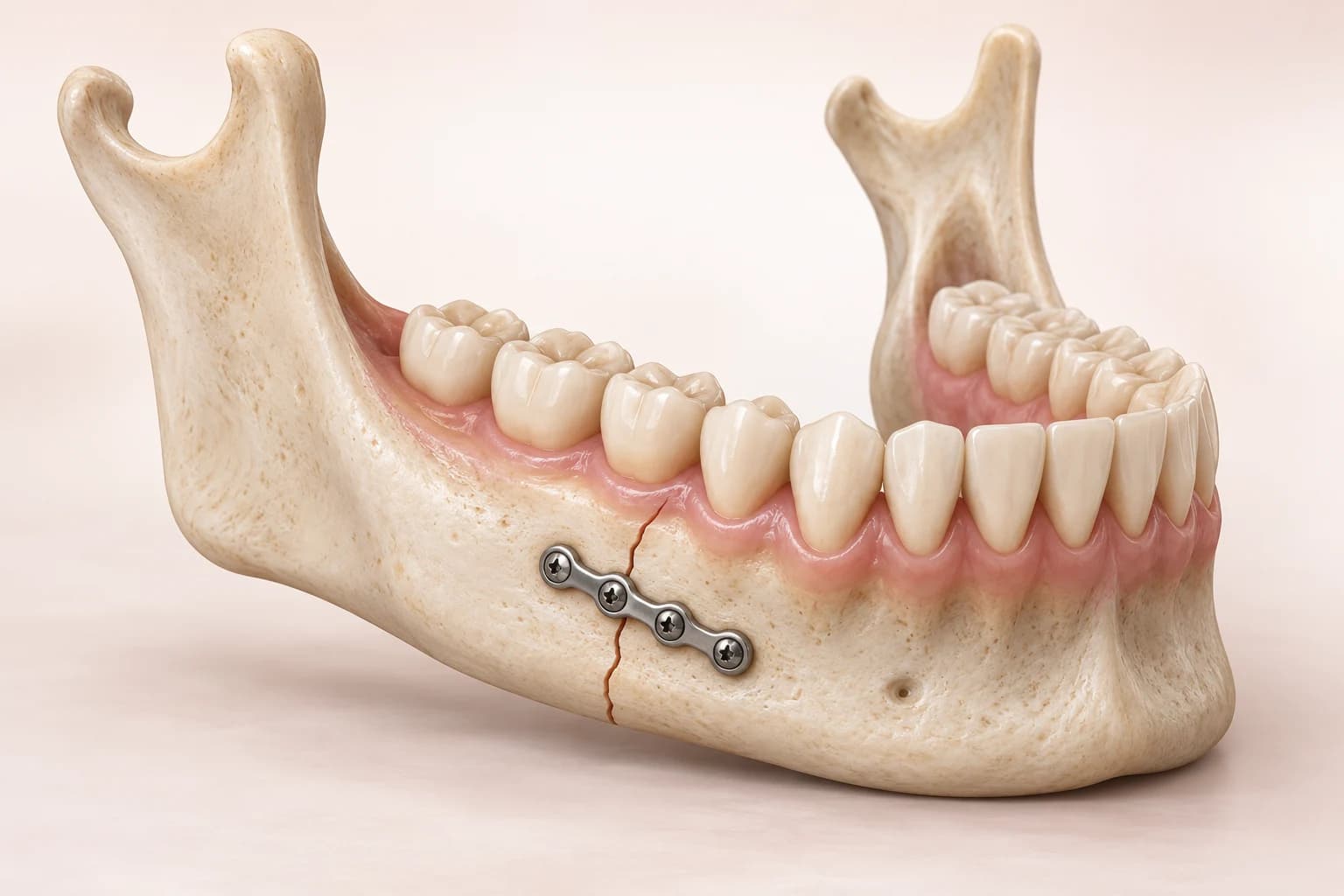 Conceptual lower-jaw model showing a fracture seam bridged by a fixation miniplate