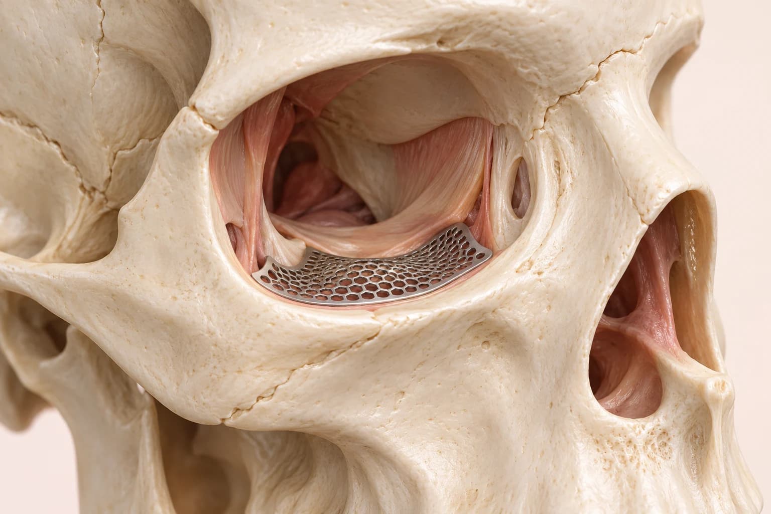 Conceptual illustration of the eye socket with a mesh implant supporting the orbital floor