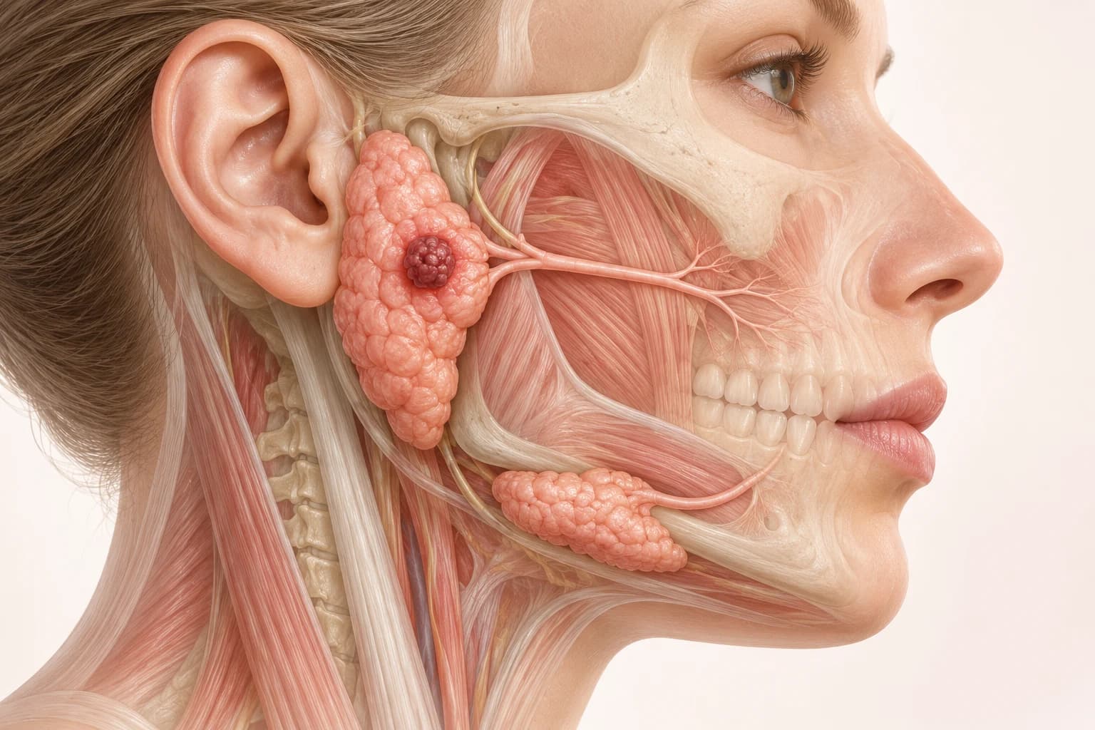 Conceptual side-profile illustration of the salivary glands and a localized parotid growth
