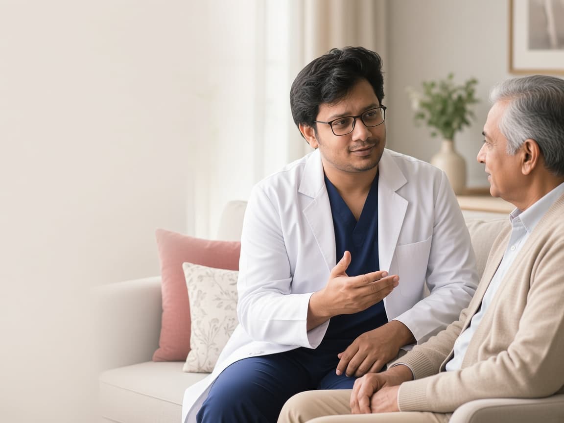Dr. Saha speaking with a patient during a calm consultation