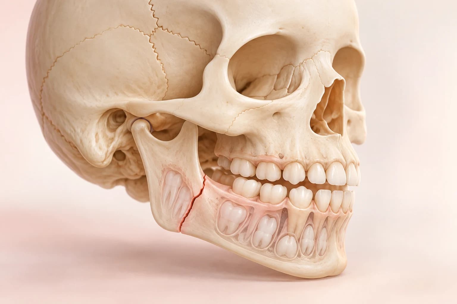 Conceptual pediatric facial-bone model showing developing teeth and a subtle jaw fracture
